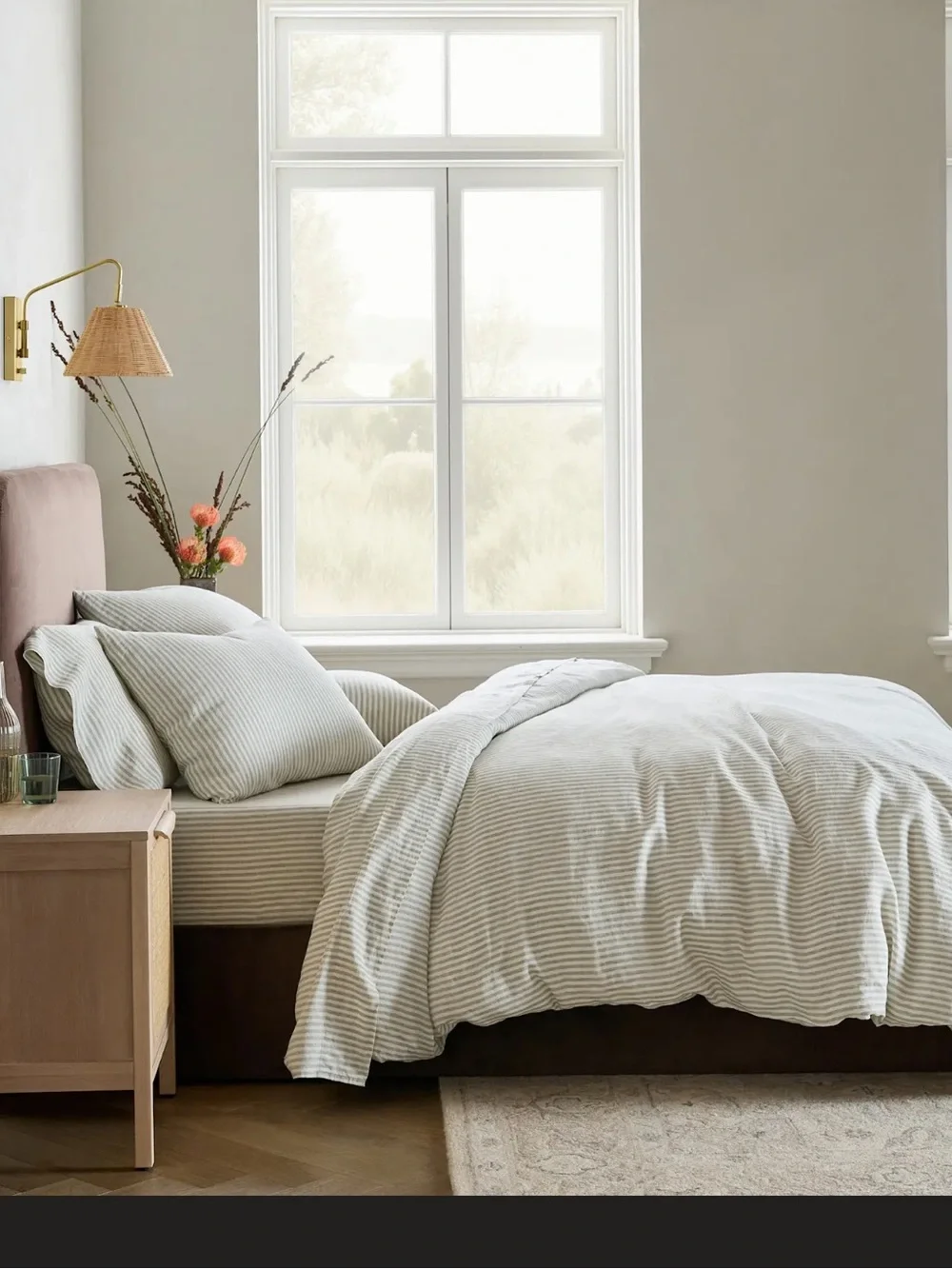 Quince European Linen Duvet Cover- willowleaf/white stripe- king