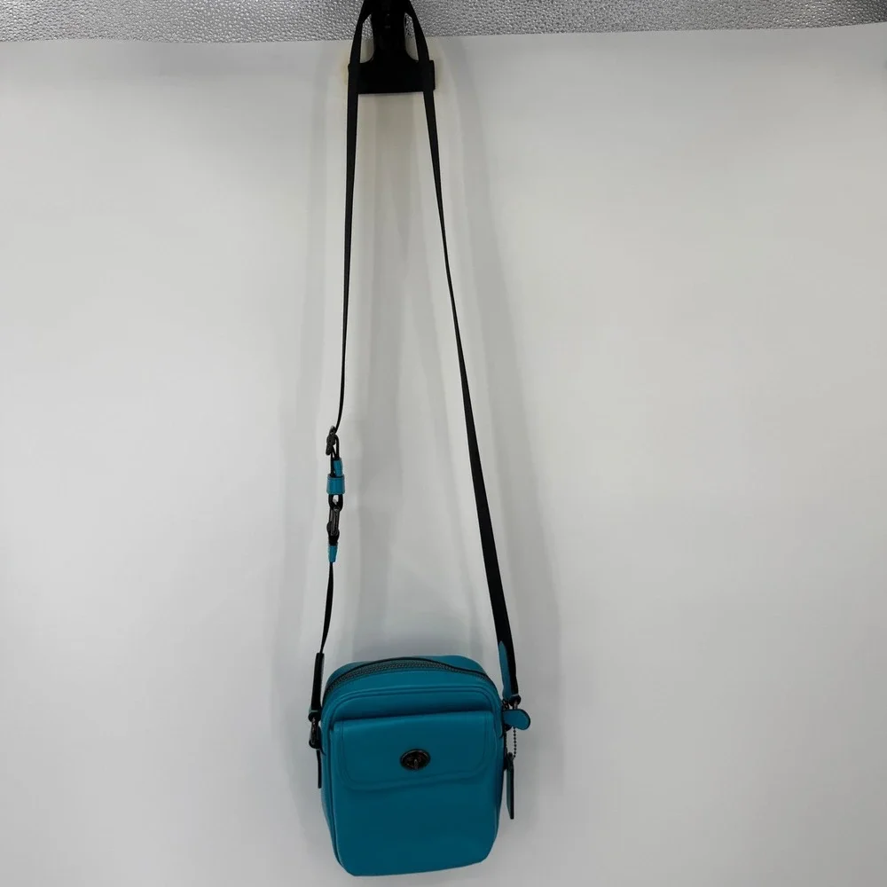 Coach Crossbody Bag Mens Small Turquoise Leather Turnlock Camera Messenger Bag