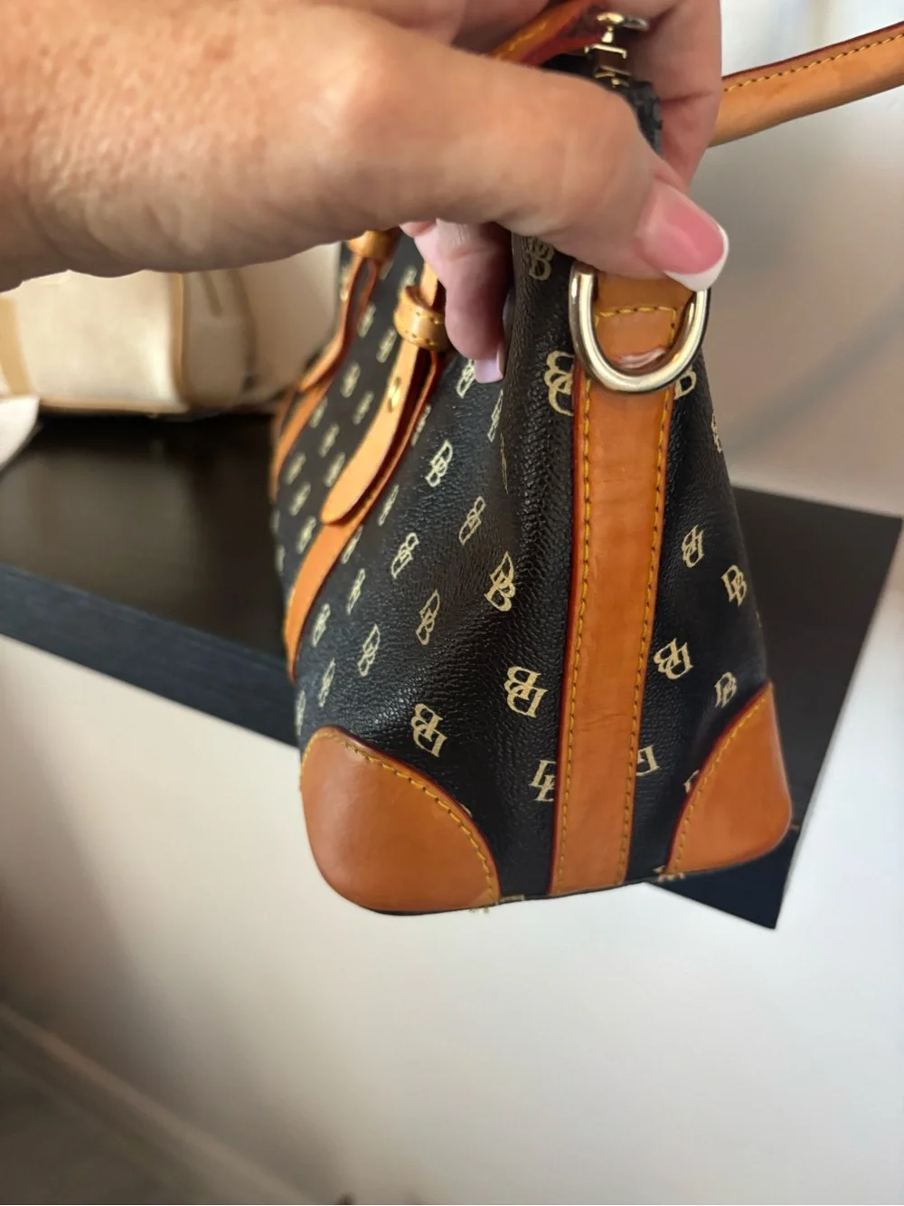 Dooney & Bourke Black Logo Messenger with Tan Leather Trim