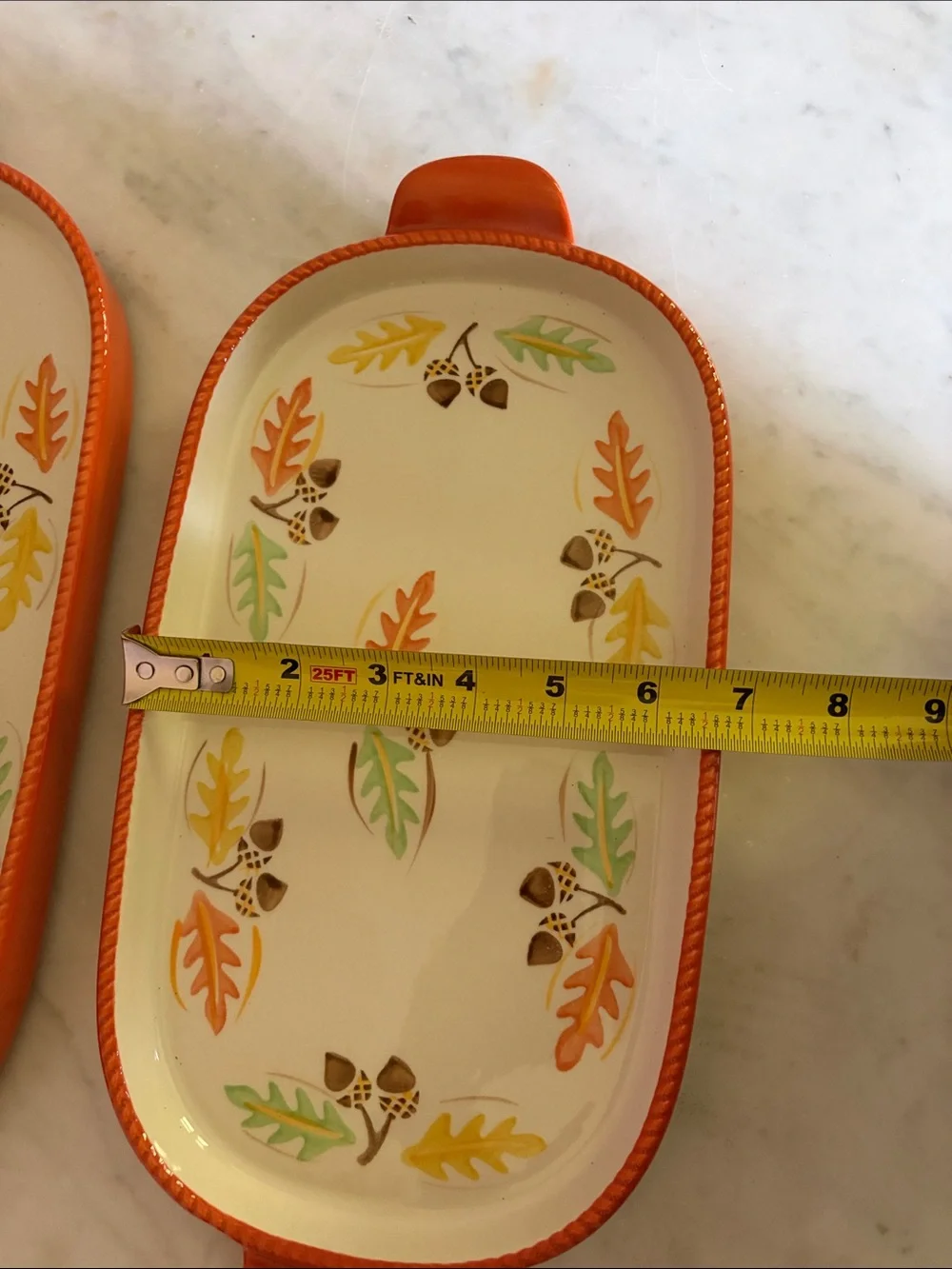 Temptations by Tara Ceramic Serving Trays in Orange with Autumn Leaf Accent