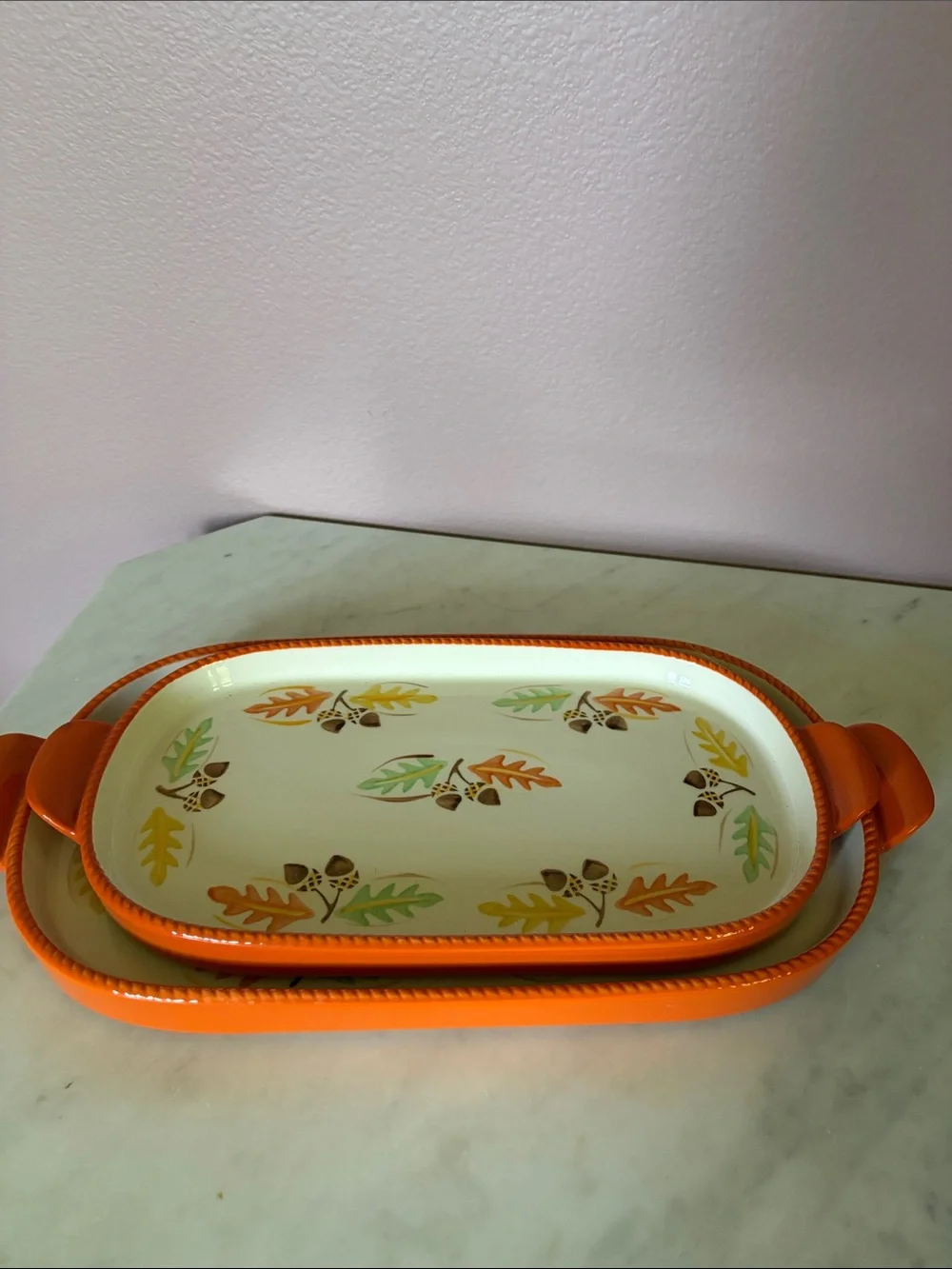 Temptations by Tara Ceramic Serving Trays in Orange with Autumn Leaf Accent