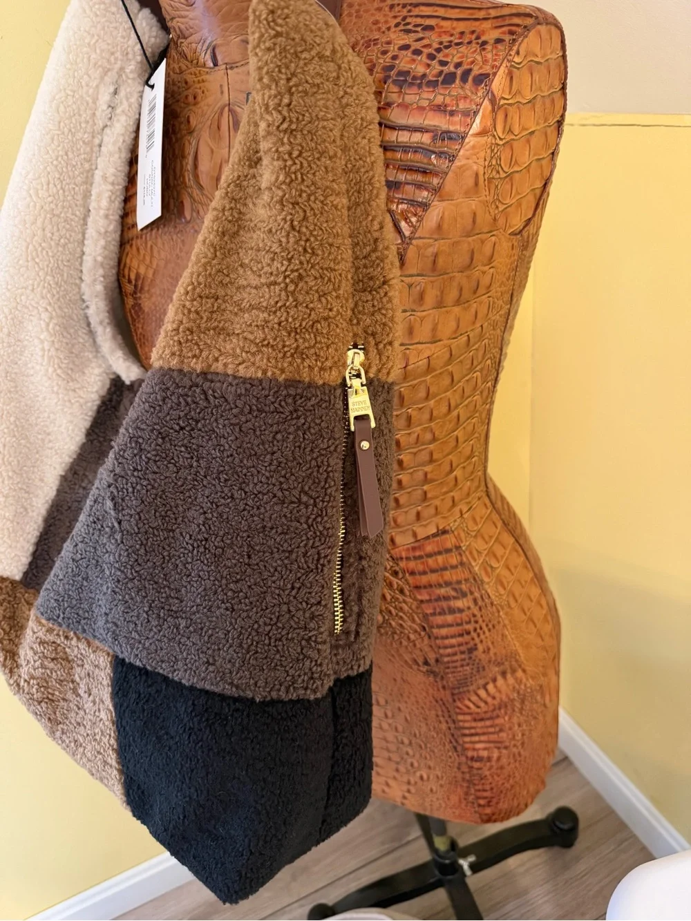 Steve Madden Cognac Multi BTully Patchwork Faux Shearling Hobo Bag NWT
