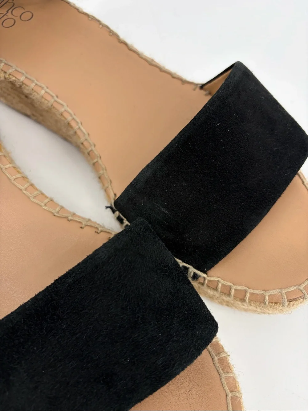 Franco Sarto Pela Platform Sandals, Black Suede, Classic Espadrille Jute Wrapped