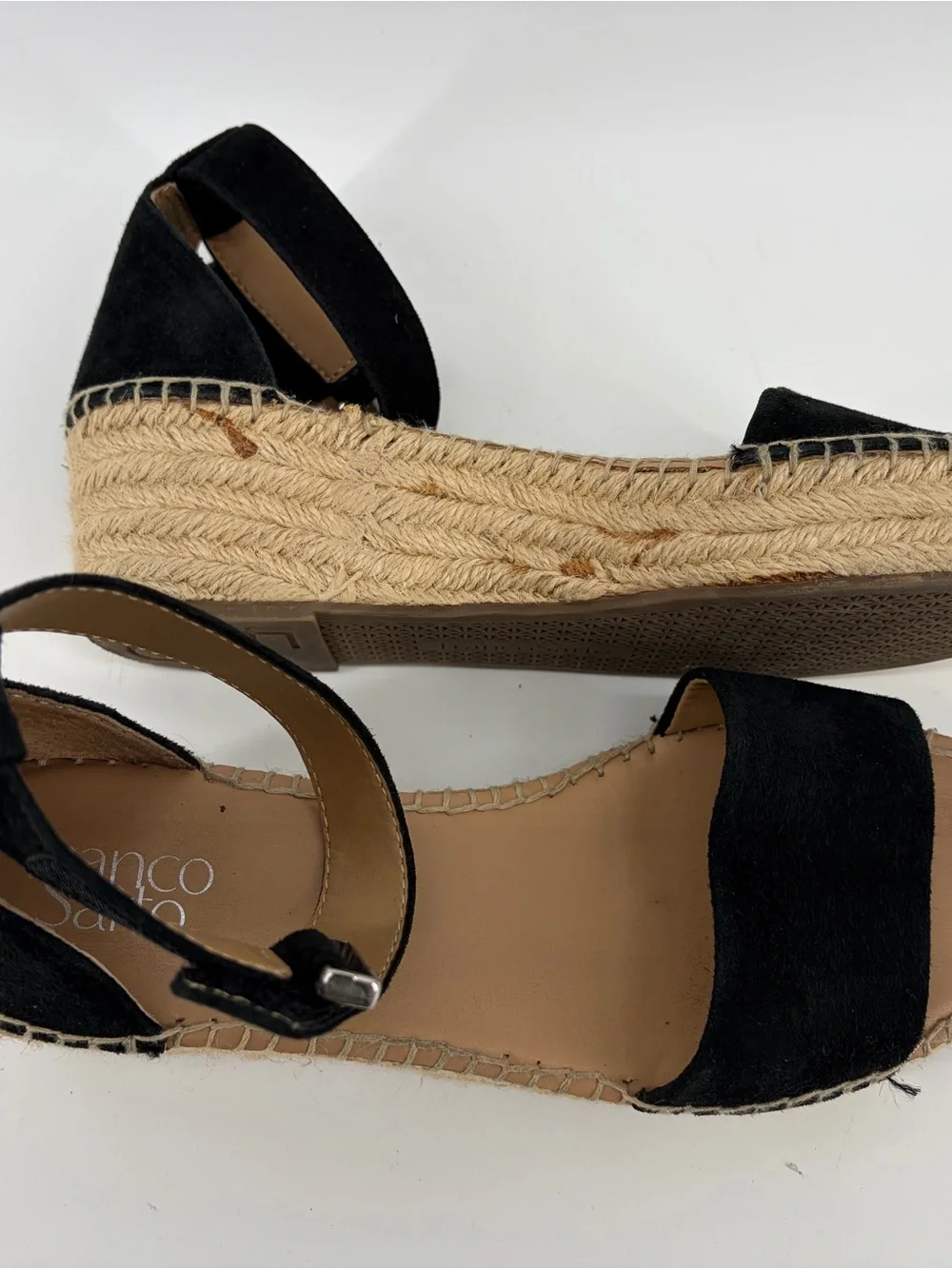 Franco Sarto Pela Platform Sandals, Black Suede, Classic Espadrille Jute Wrapped