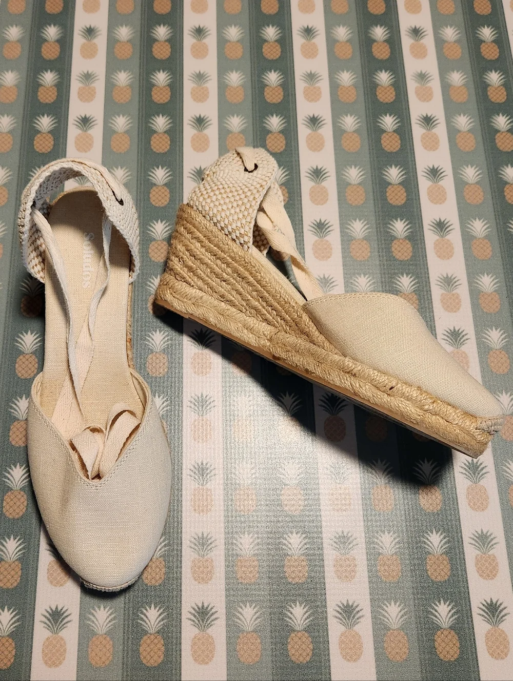 Soludos Lyon Linen Cream Espadrille Wedge Ankle-Tie Sandal