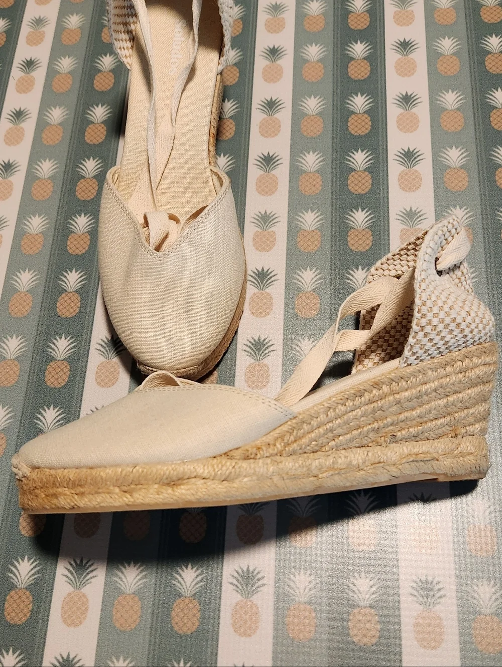 Soludos Lyon Linen Cream Espadrille Wedge Ankle-Tie Sandal