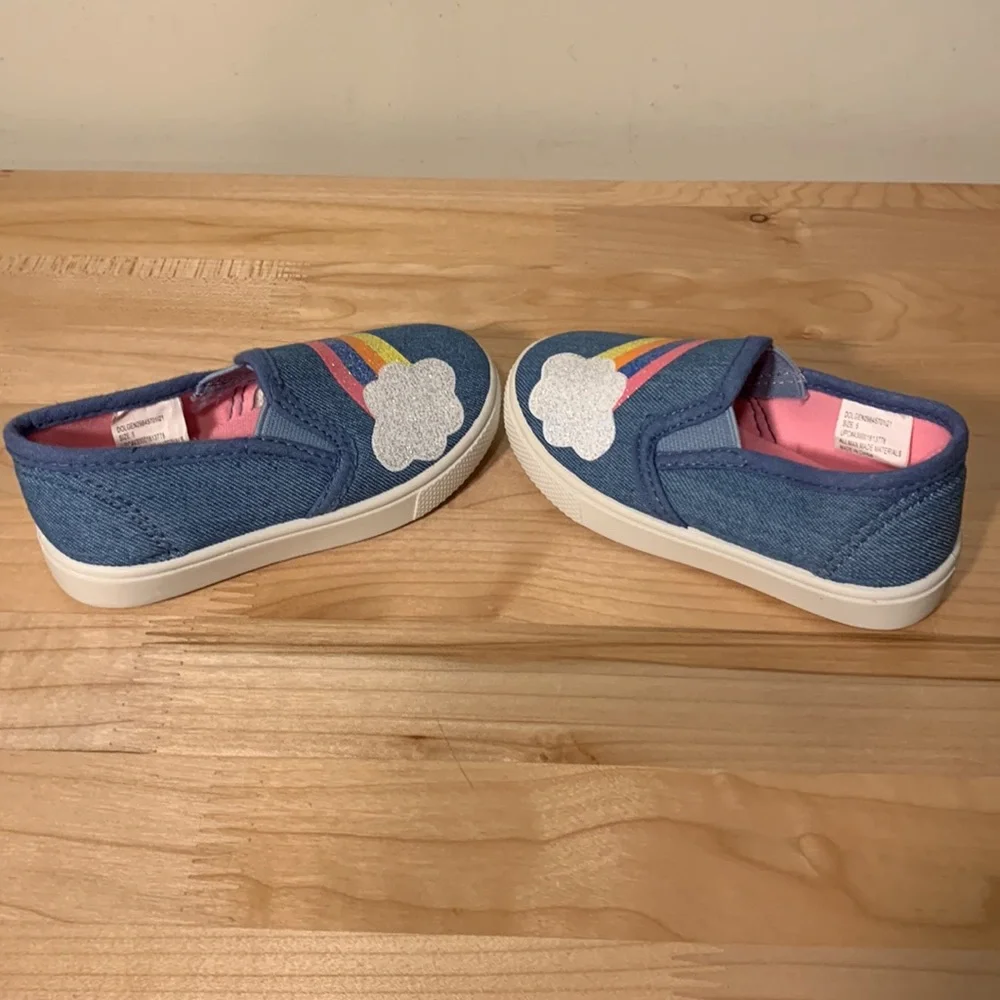 2 Pair Baby Size 5 Casual Slip On Shoe Sparkly Gold And Denim w. Sparkly Rainbow