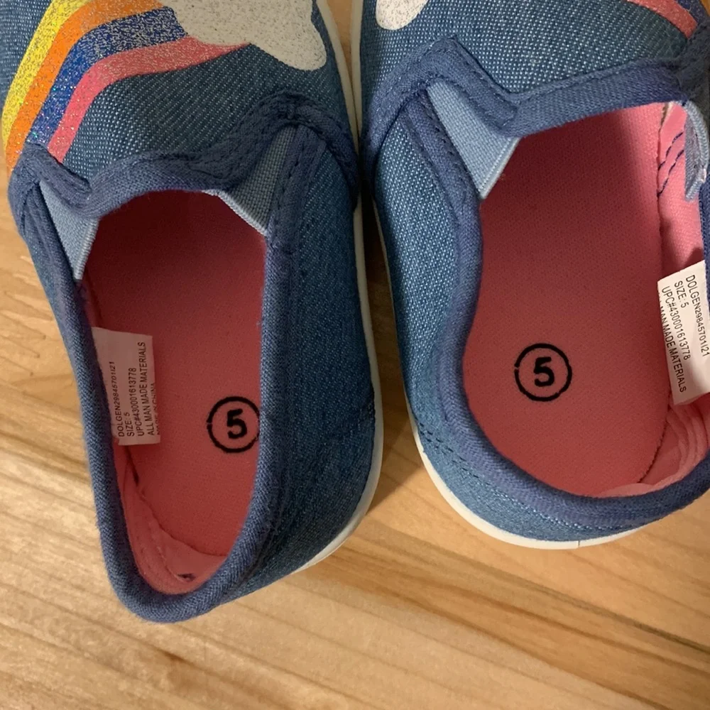 2 Pair Baby Size 5 Casual Slip On Shoe Sparkly Gold And Denim w. Sparkly Rainbow