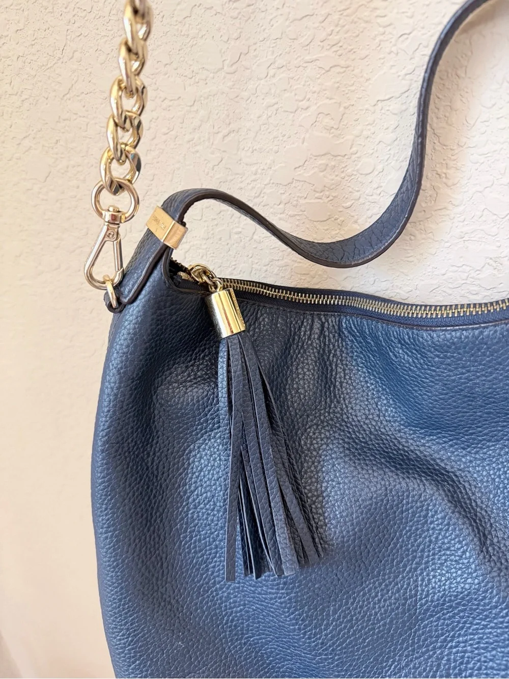 Michael Kors Navy Pebbled Leather Hobo with Tassel and Gold Hardware
