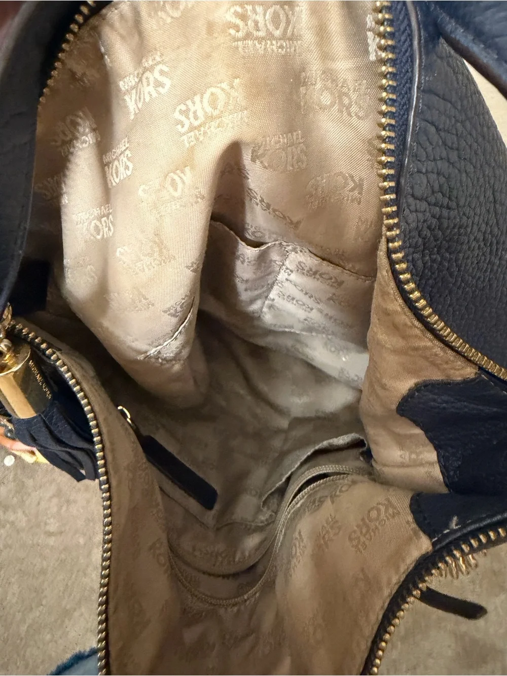 Michael Kors Navy Pebbled Leather Hobo with Tassel and Gold Hardware
