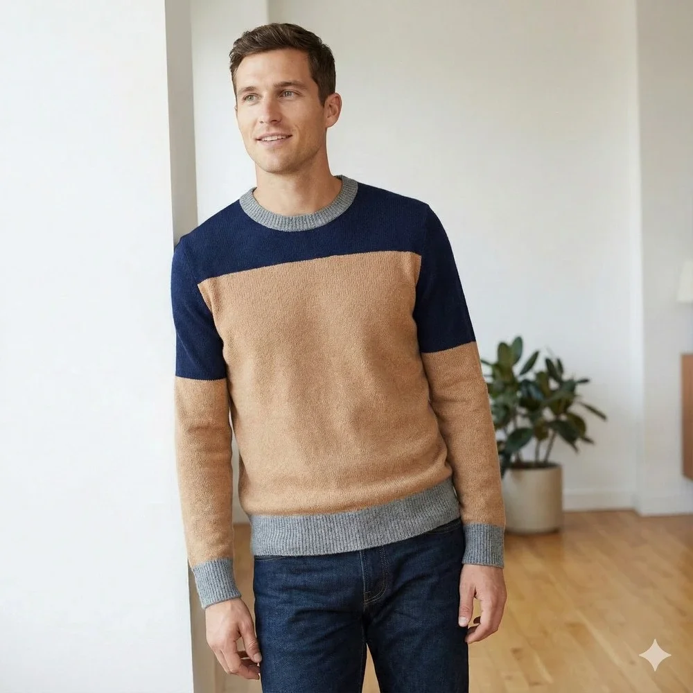 J‎ Crew Sweater Mens Small Colorblock Merino Wool Blend Sweater Navy Tan Grey