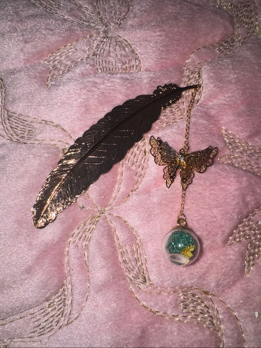 Gold Butterfly Feather Bookmark Necklace with Glass Globe Charm - Women Jewelry