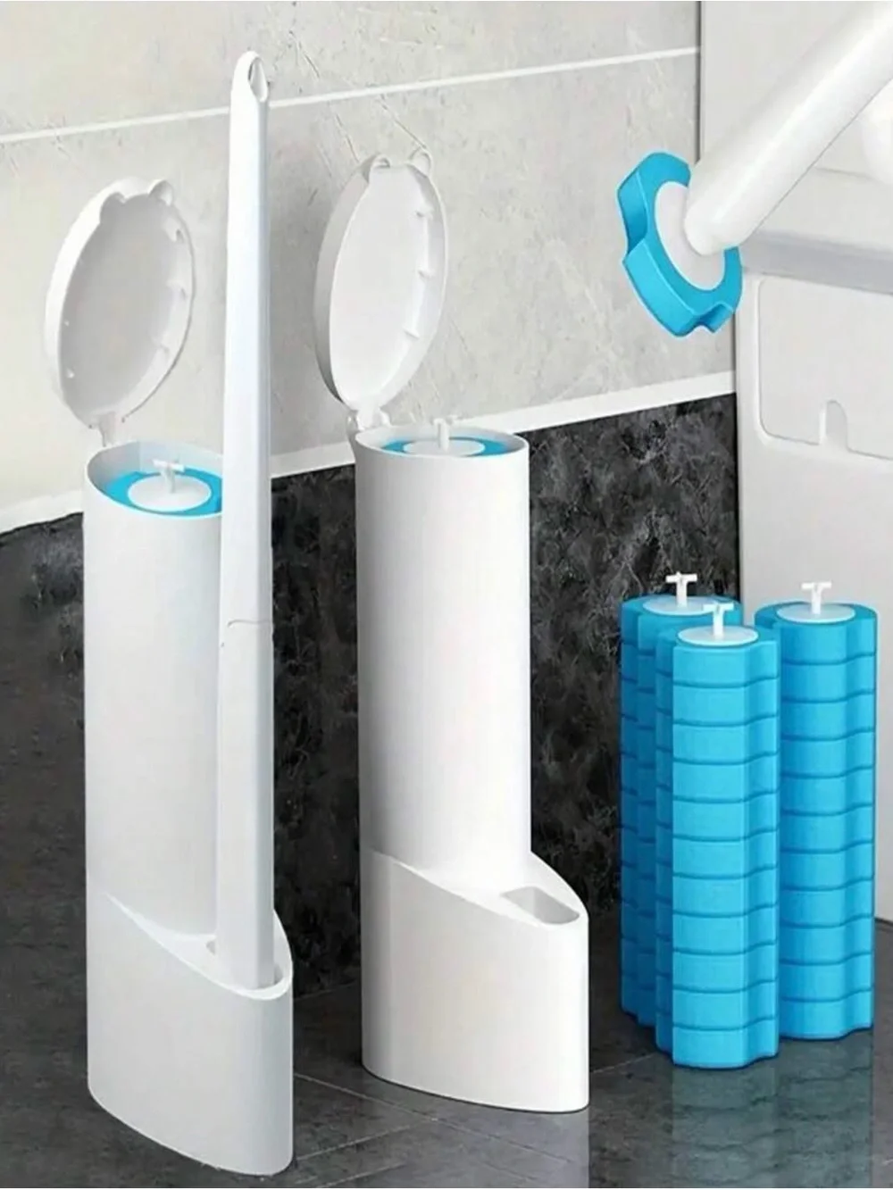 NEW Blue & White Toilet Brush Set with Replaceable Heads