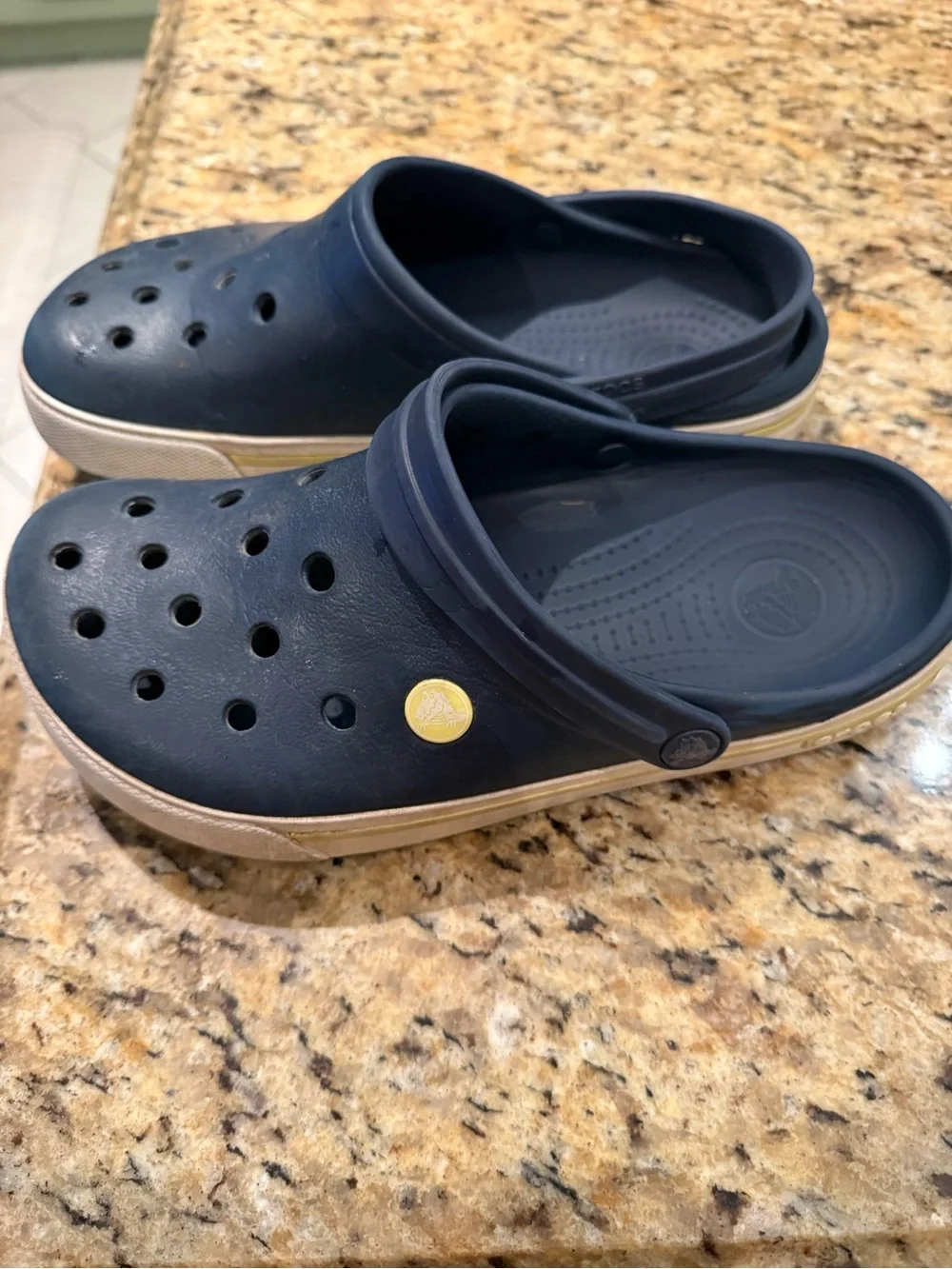 Kids Navy Blue Croc Shoes with Beige Trim