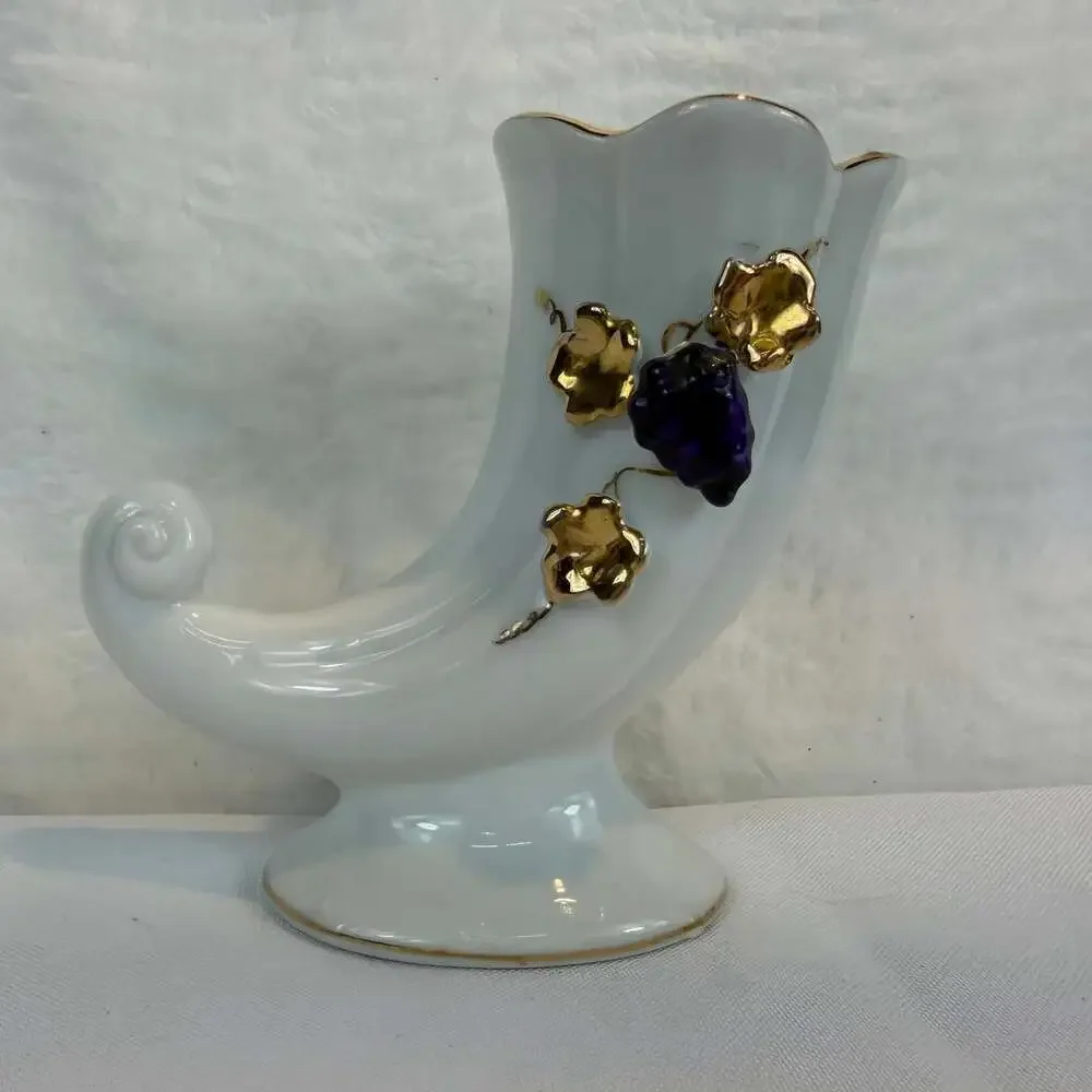 Small vintage porcelain cornucopia vase white w/ gold trim purple grapes 5”