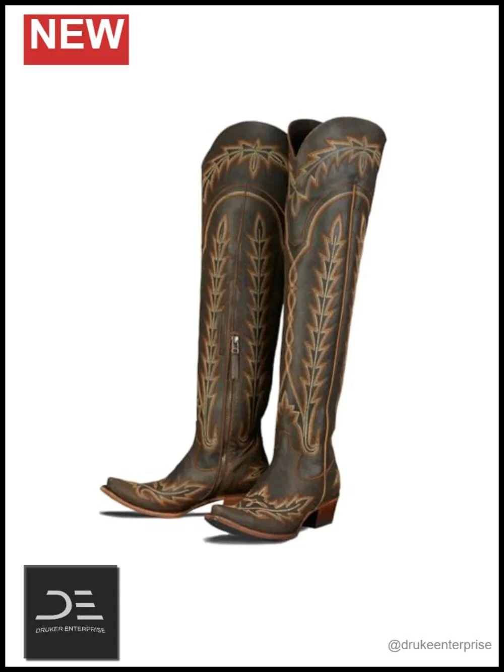 Over the Knee Cowgirl Boots Embroidered Chunky Heel Faux Leather Western Thigh
