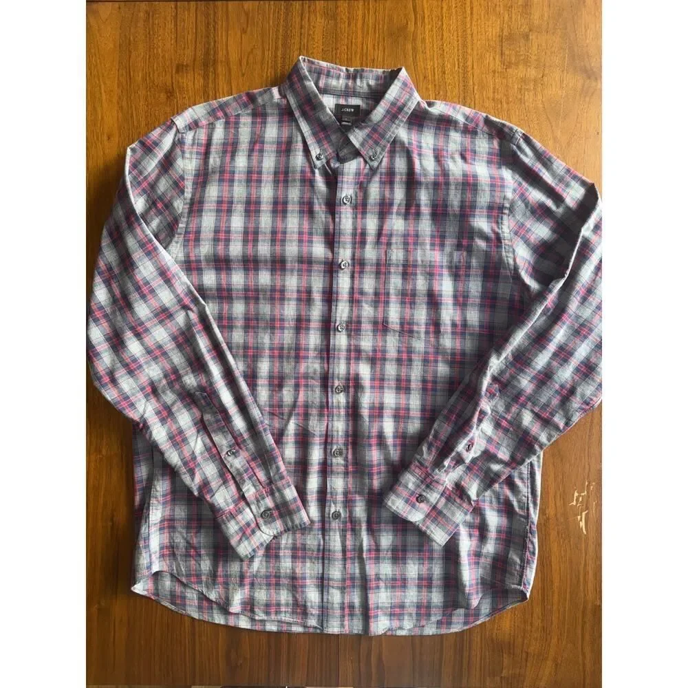 J.Crew Men's Brushed Cotton Grey Plaid Button-Up - Size L