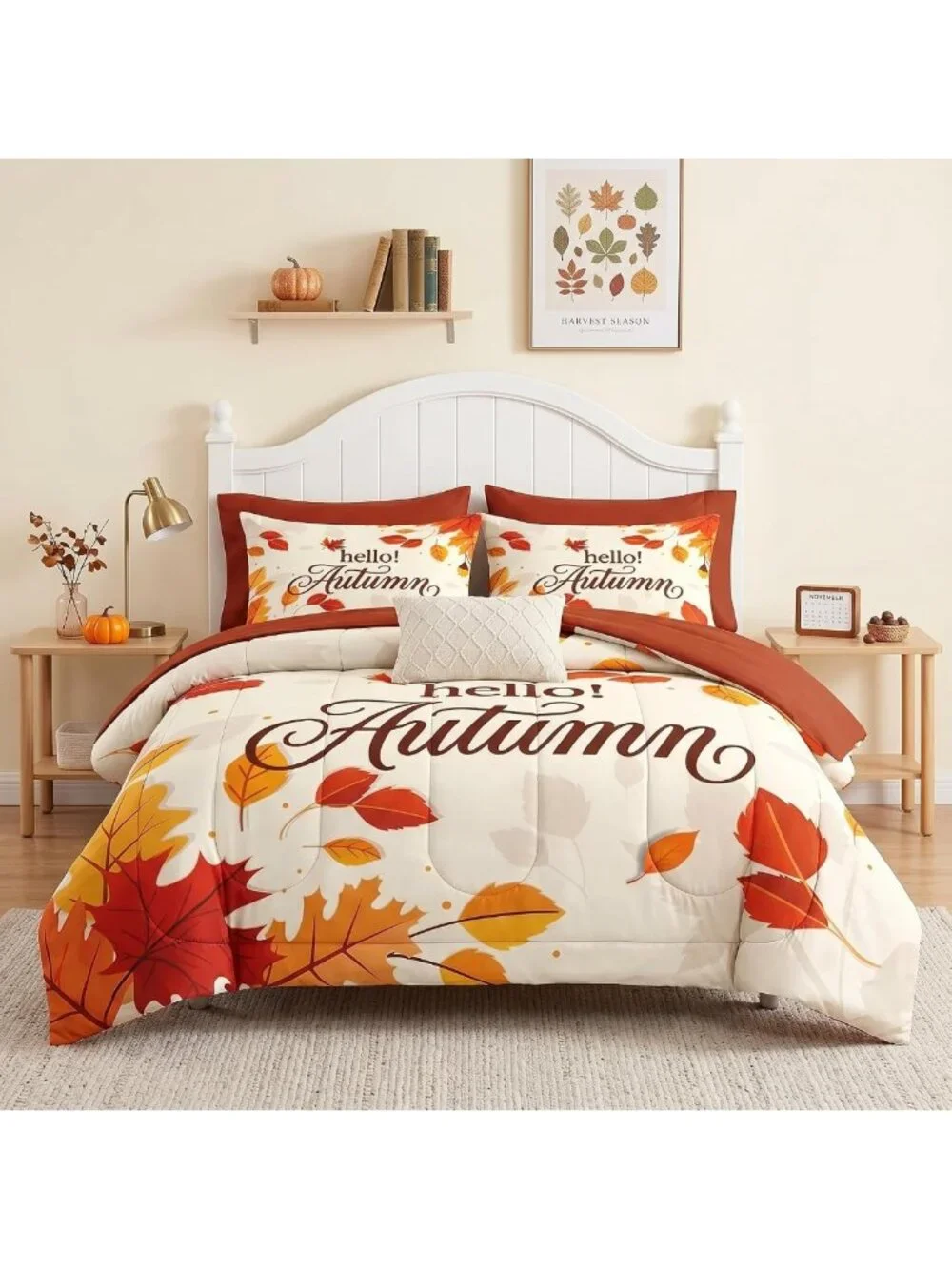 Cozy Queen Fall Comforter Set with Sheets, 7-Piece Bedding Ensemble for Autumn