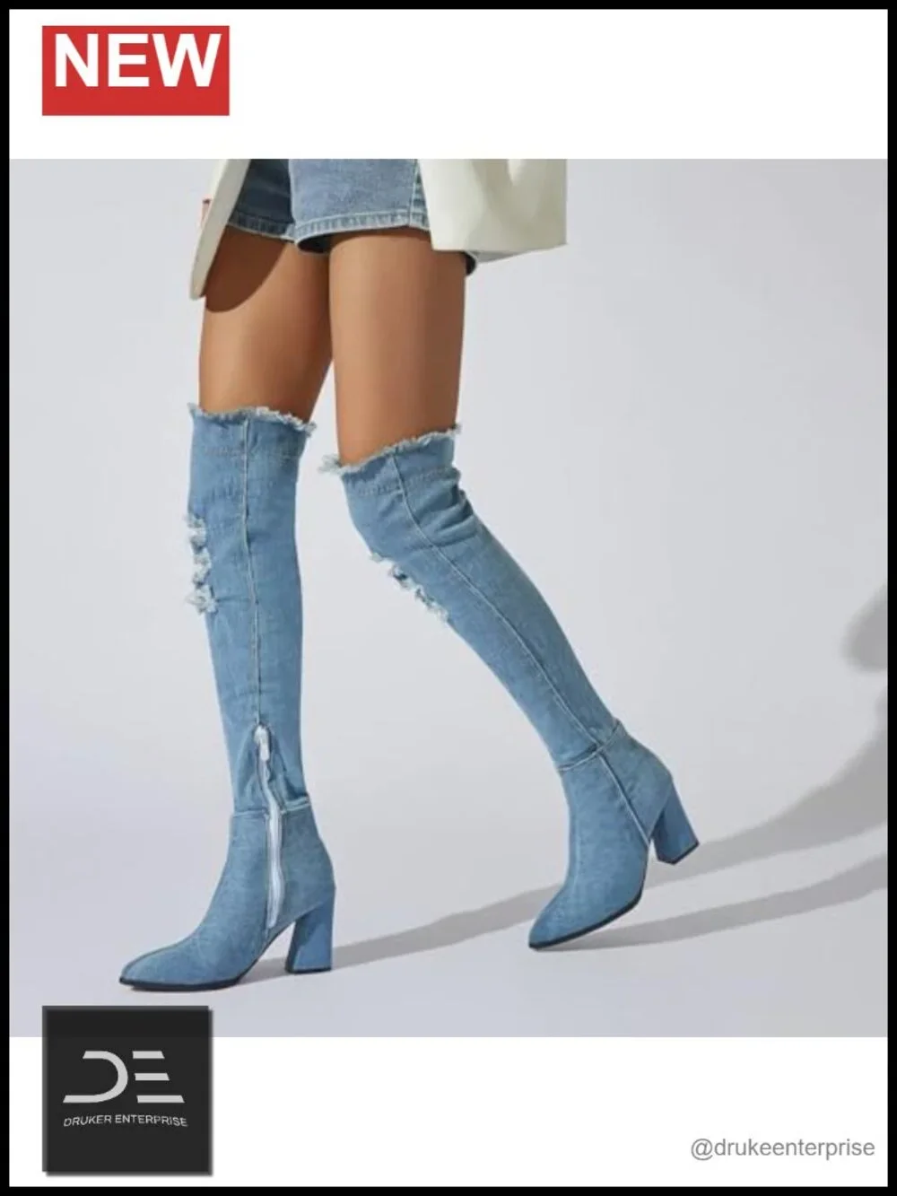 Women's Denim Over the Knee Boots, 8.5cm Block Heel, Cutout Pointed Toe, Side