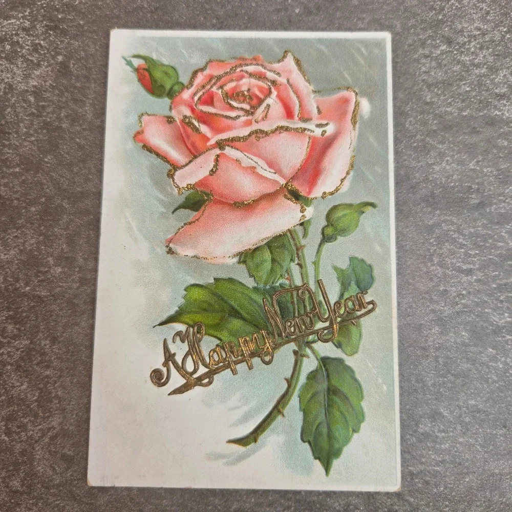 Vintage A Happy New Year Postcard Pink Rose Gold Glitter Made in Germany 2002