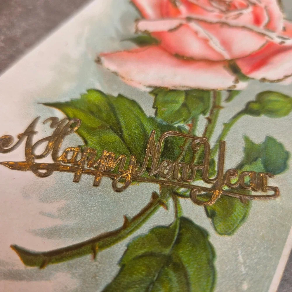 Vintage A Happy New Year Postcard Pink Rose Gold Glitter Made in Germany 2002