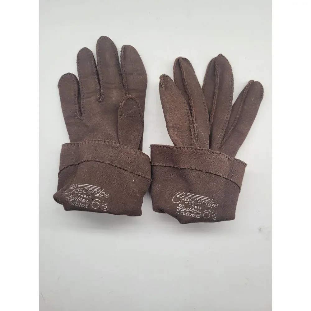 Vintage 50s Crescendoe Brown Suede Feel Button Detail Dress Gloves Retro preppy