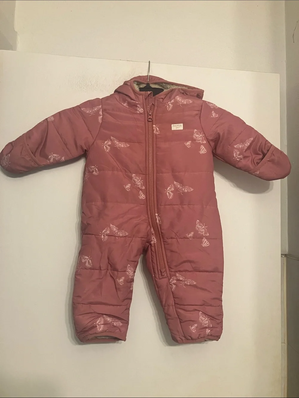 OshKosh B'gosh Pink Butterfly Quilted Hooded Snowsuit 3/6M Snow Ski Full Zip