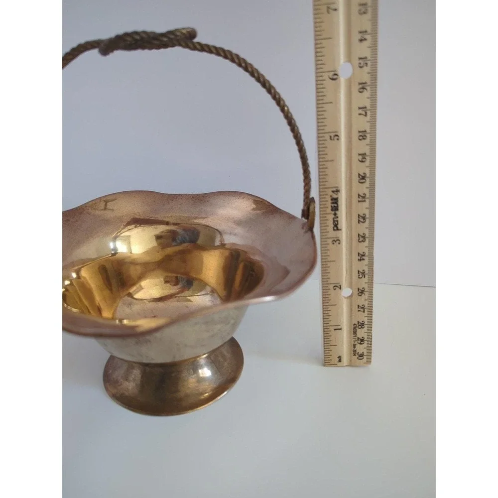Vintage Brass Flower Basket Rotating Knot Handle Scalloped Patina Trinket Dish