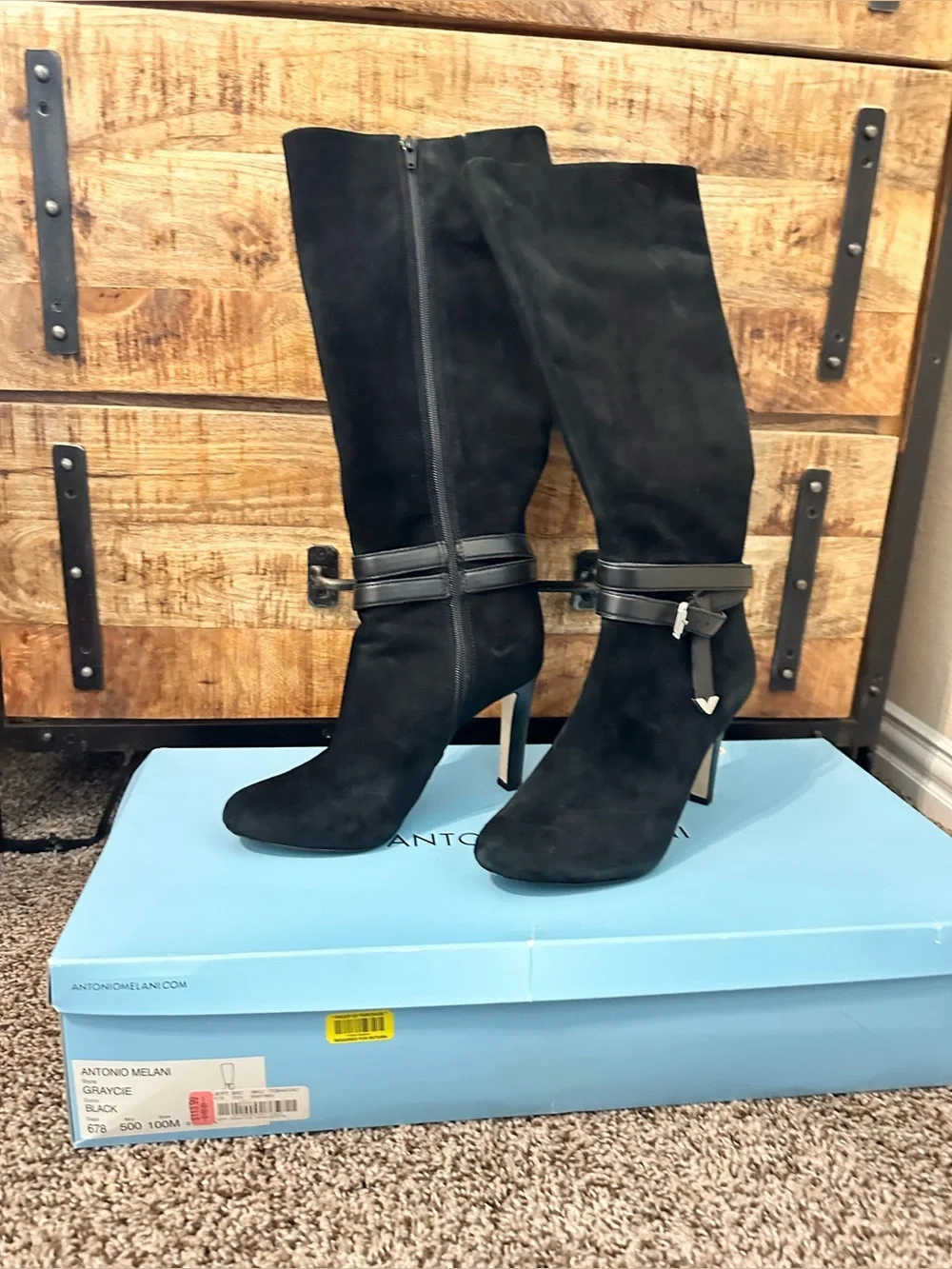 ANTONIO MELANI Black Suede Knee-High Buckle Boots