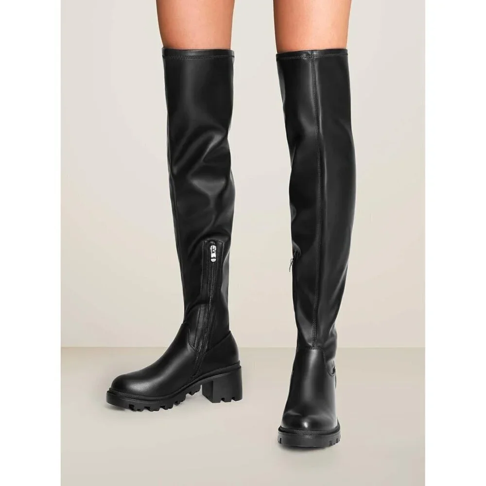 Women's Black-pu Faux Leather Knee High Over The Knee High Chunky Heel Boots