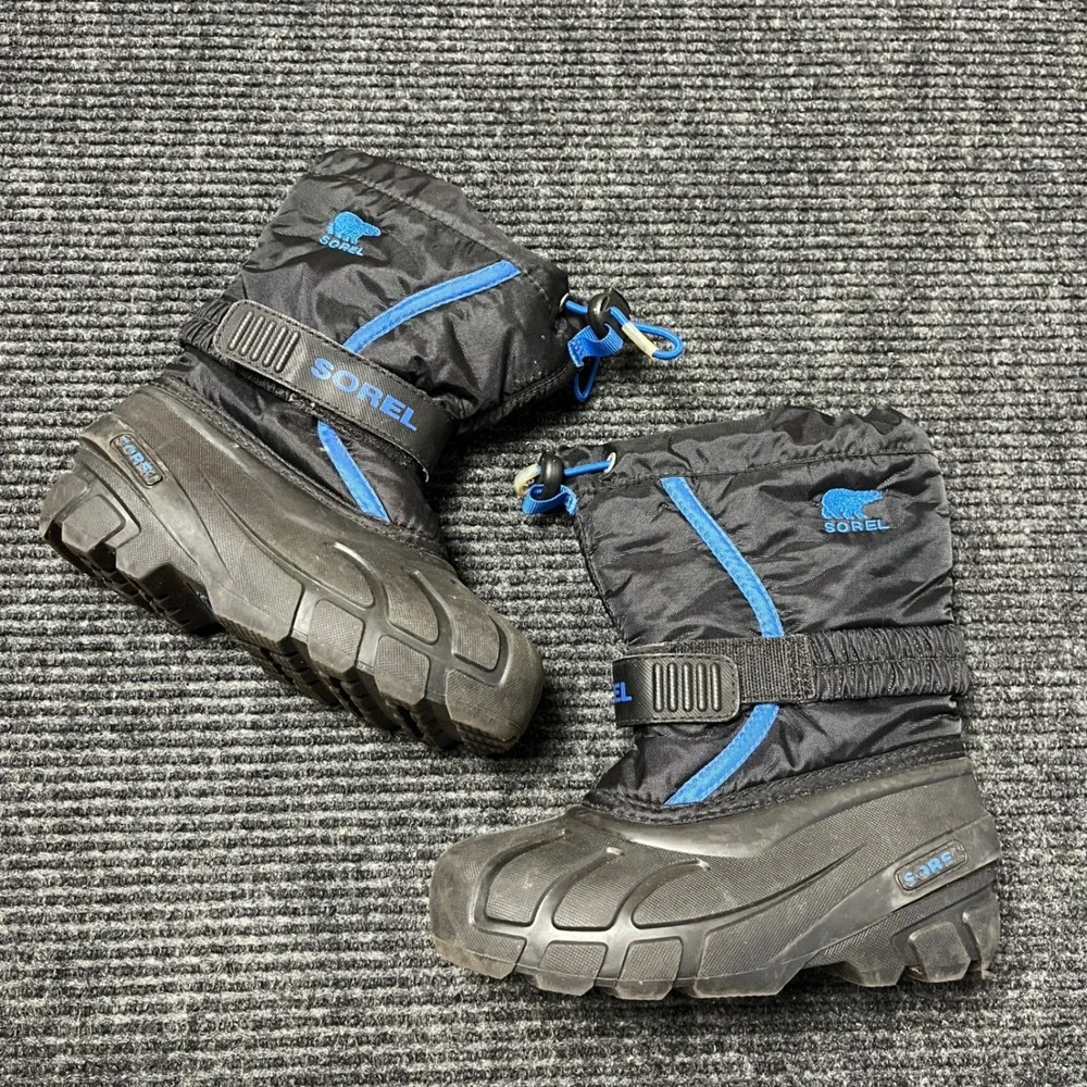 Sorel Flurry Snow Boots Kids Size 12 Black Blue Waterproof Insulated Winter warm