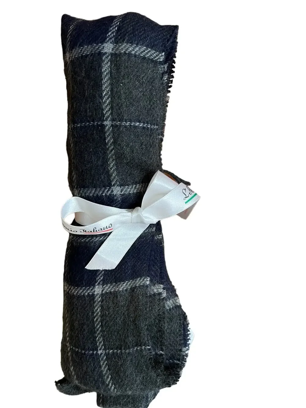 Italian Made Plaid Fringed Scarf Gray Navy Blue
