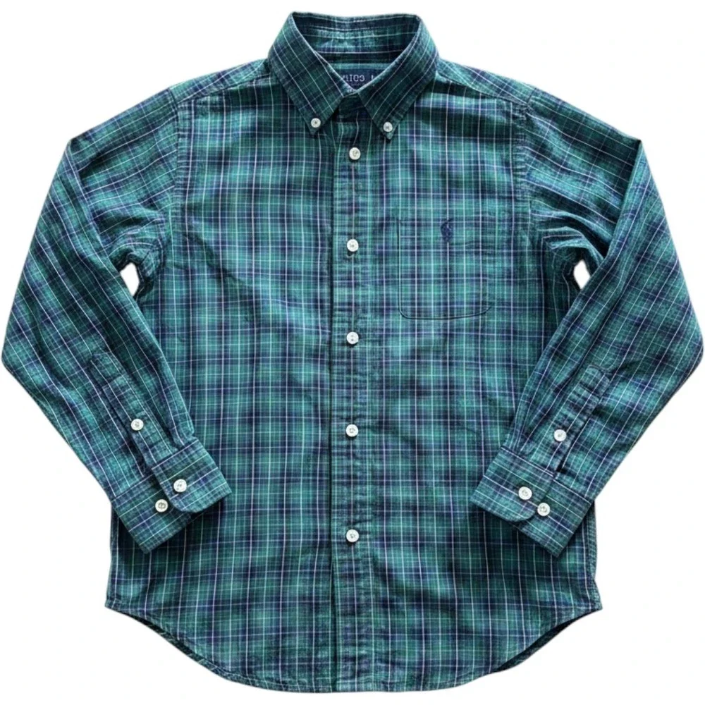 Polo Ralph Lauren Boys Green Navy Plaid Button Down Shirt Size 5 Long Sleeve
