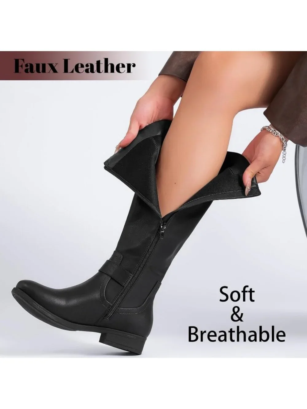 Women's Black Leather Rubber Slouchy Knee High Comfortable Stylish Tall Boots