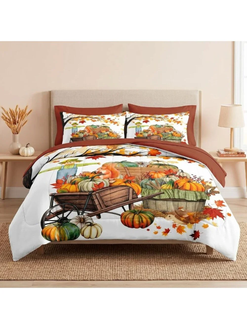 Cozy Queen Fall Comforter Set with Sheets, 7-Piece Farmhouse Bedding Ensemble