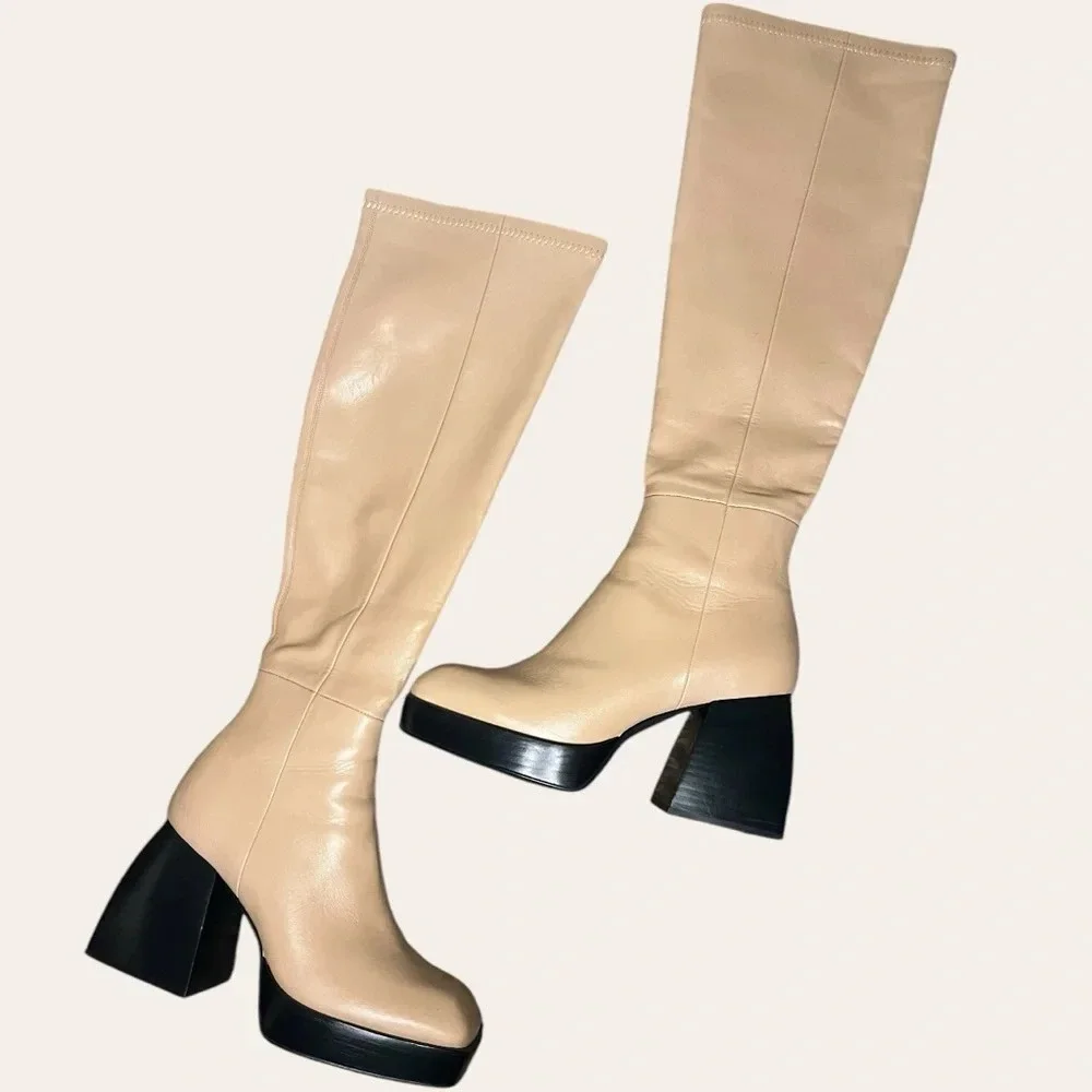 Jeffrey Campbell Dauphin Over The Knee Tan Boots Square Toe Platform Heel 8.5