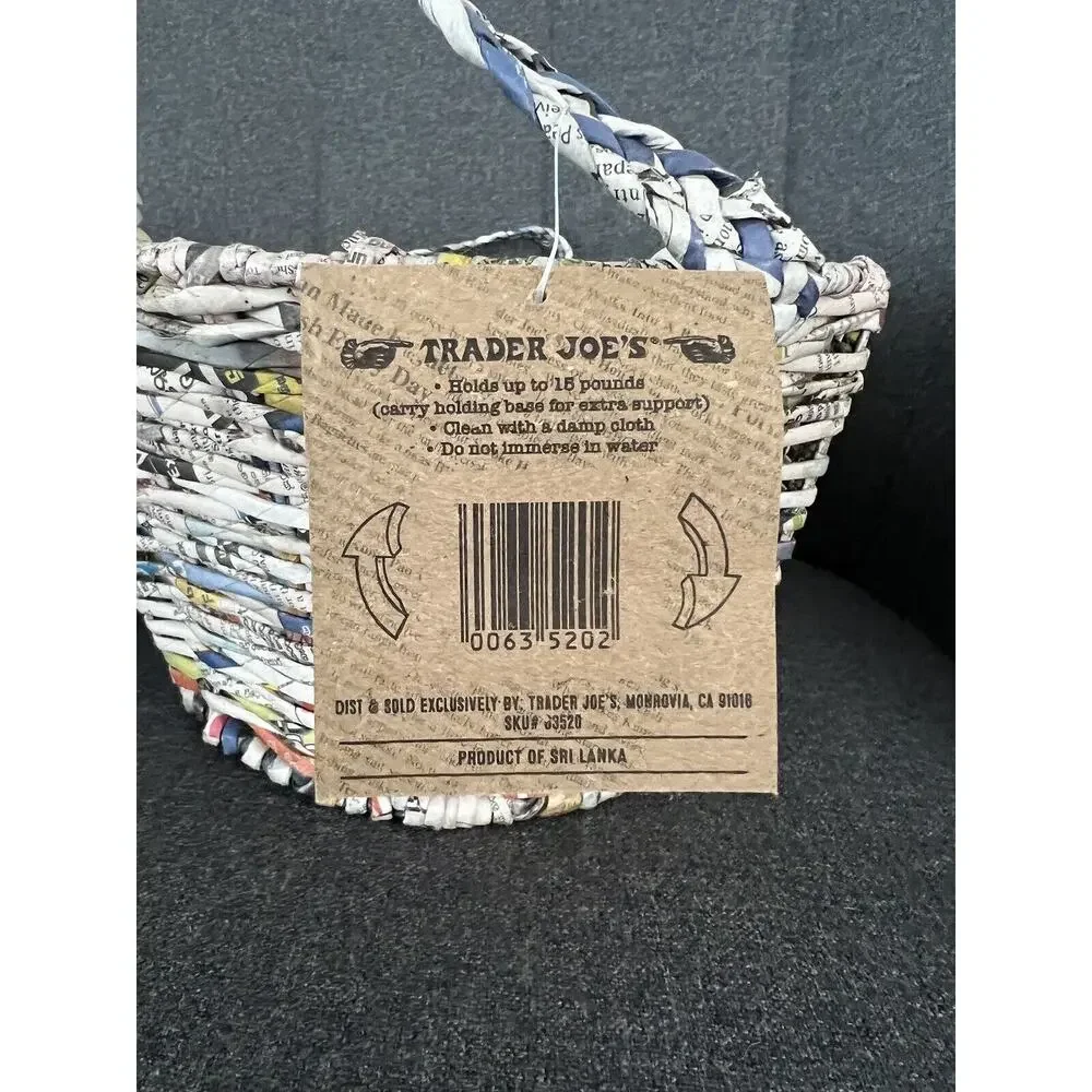 NWT Trader Joe’s Basket Recycled Newspaper Hand Woven Boho 16x12 Metal Frame