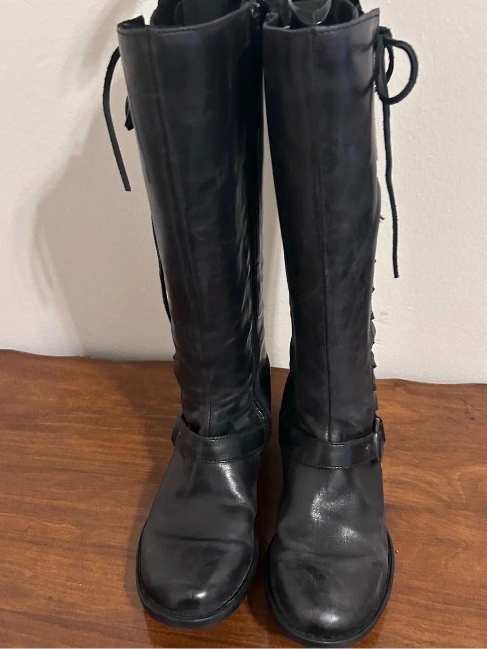 Born Black Leather Tall Buckle Harness Lace Up Riding Womens Boots Size 7.5