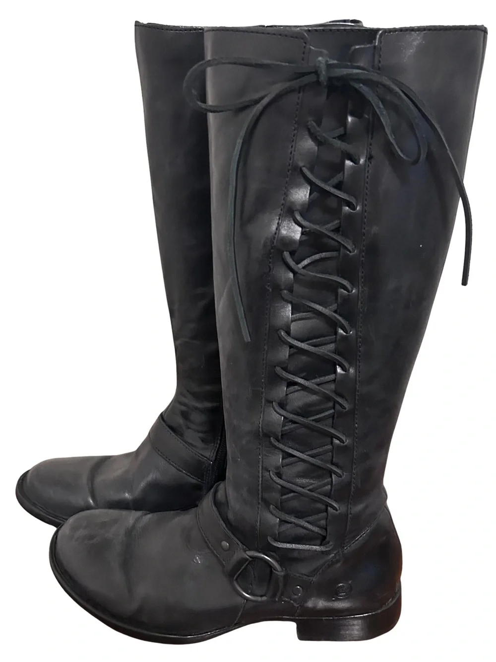 Born Black Leather Tall Buckle Harness Lace Up Riding Womens Boots Size 7.5