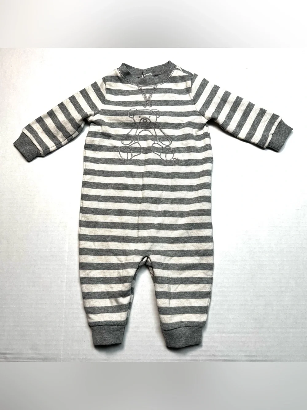 Ralph Lauren Gray Beige Stripe French Terry Coverall Embroidered Bear Size: 6M