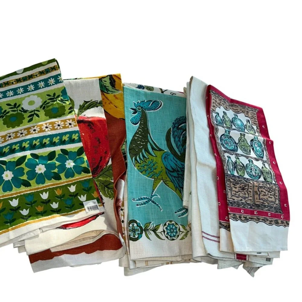 Vintage LINEN NEW red green BIRDS titles print one tea dish towel