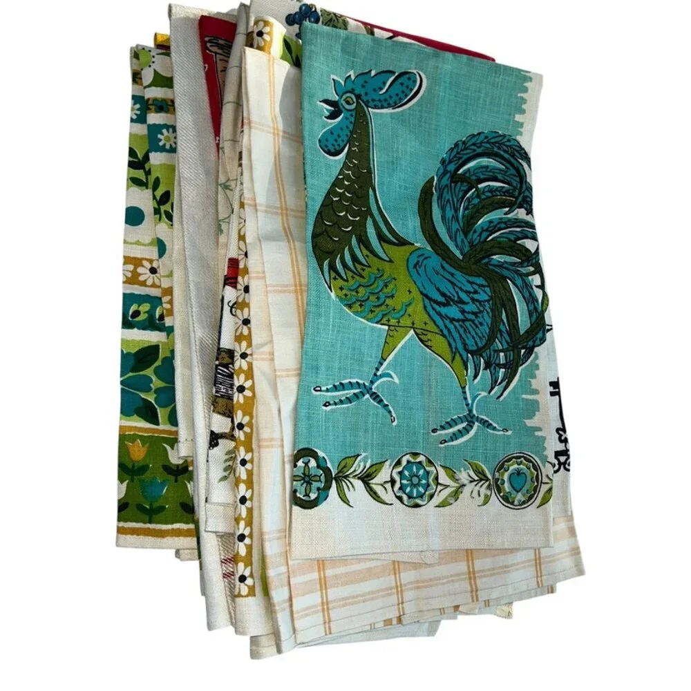 Vintage LINEN NEW red green BIRDS titles print one tea dish towel