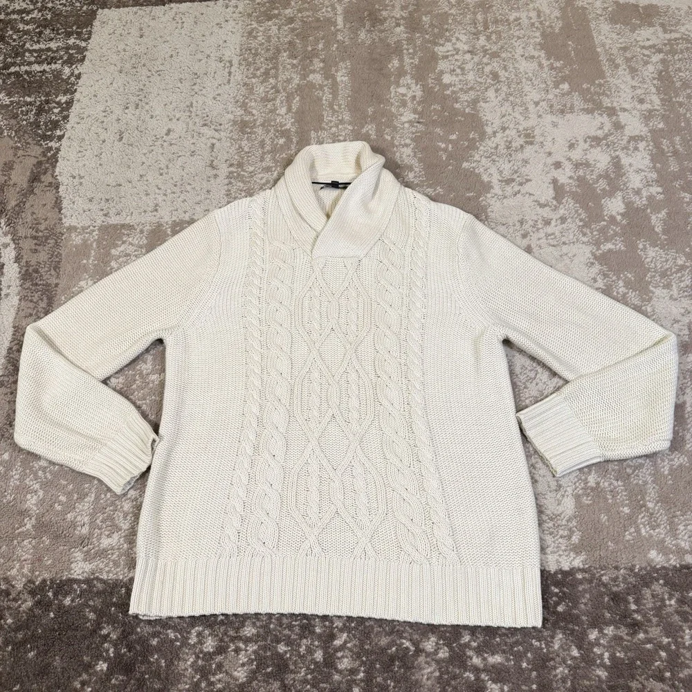 Banana Republic Sweater Mens Large Cream Fisherman Shawl Cable Knit Thick 3D