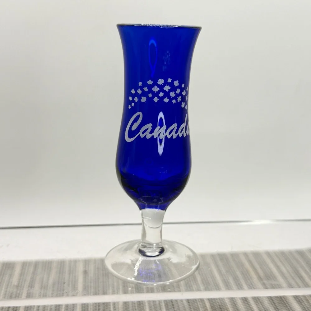 Cobalt Blue Canada Souvenir Shot Glass Etched Maple‎ Leaf Footed Hurricane 4in