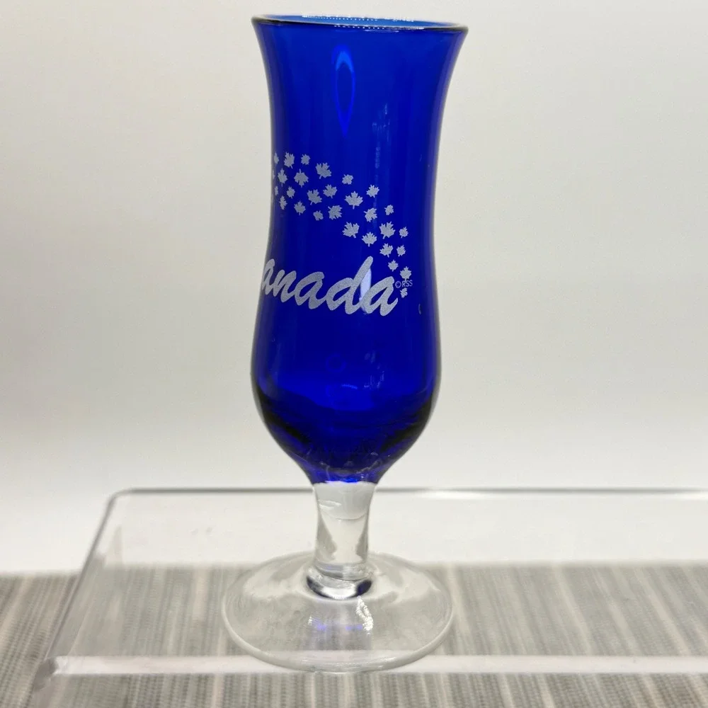 Cobalt Blue Canada Souvenir Shot Glass Etched Maple‎ Leaf Footed Hurricane 4in