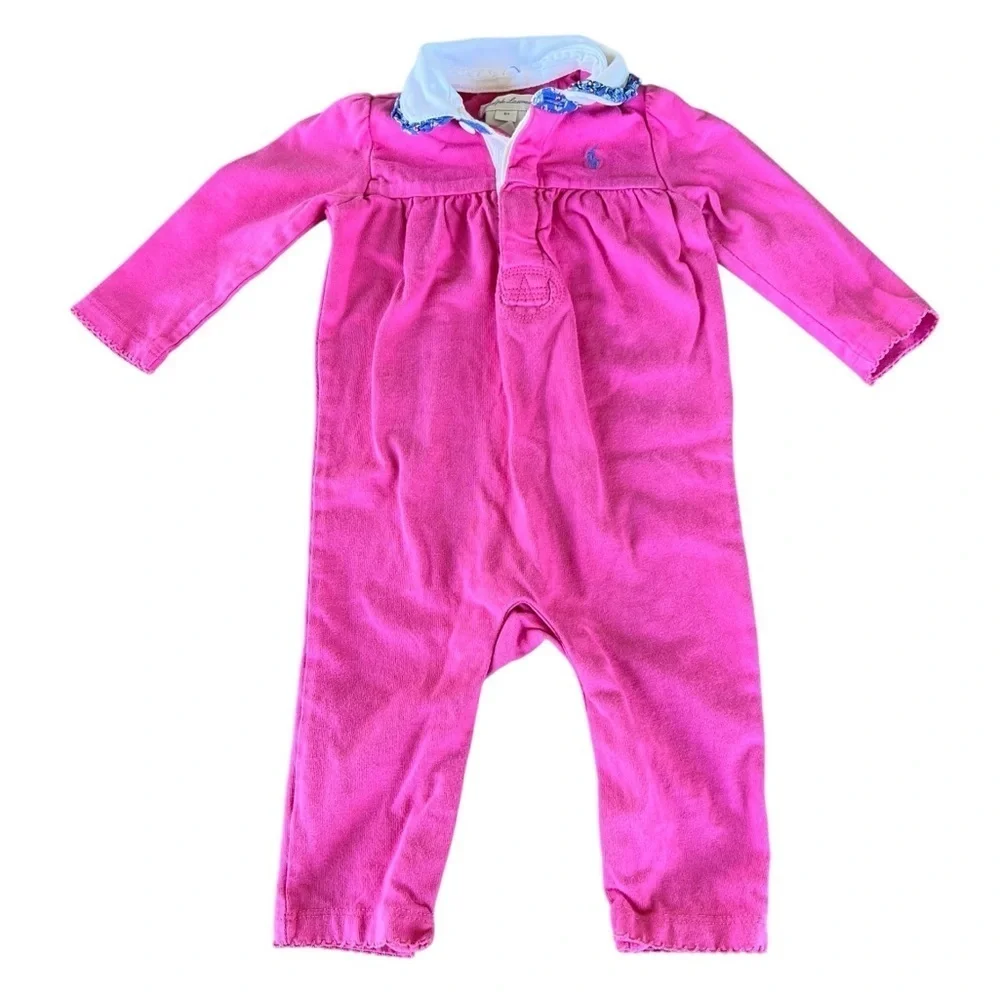 Ralph Lauren One Piece Jumpsuit Pink Ruffle Collar Snap Crotch 6 Mos GUC