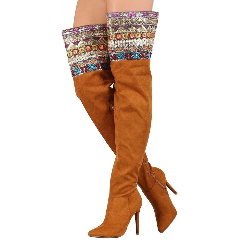 Anna Michelle Thigh High Boots Women 8 Tan Good Embroidered Sequin Boho Stiletto