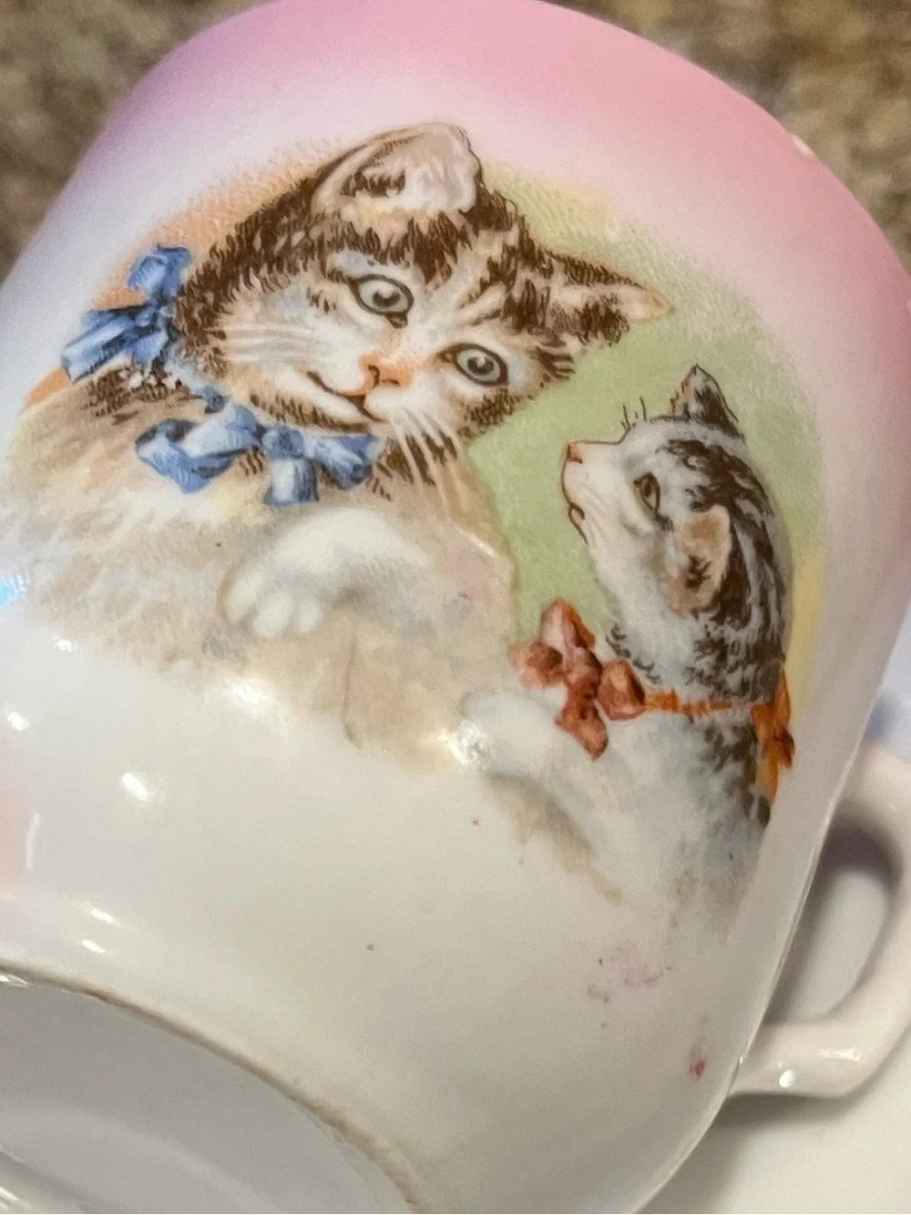 Vintage Pink Cat Demitasse Cup and Saucer Tabby Cats with Bows