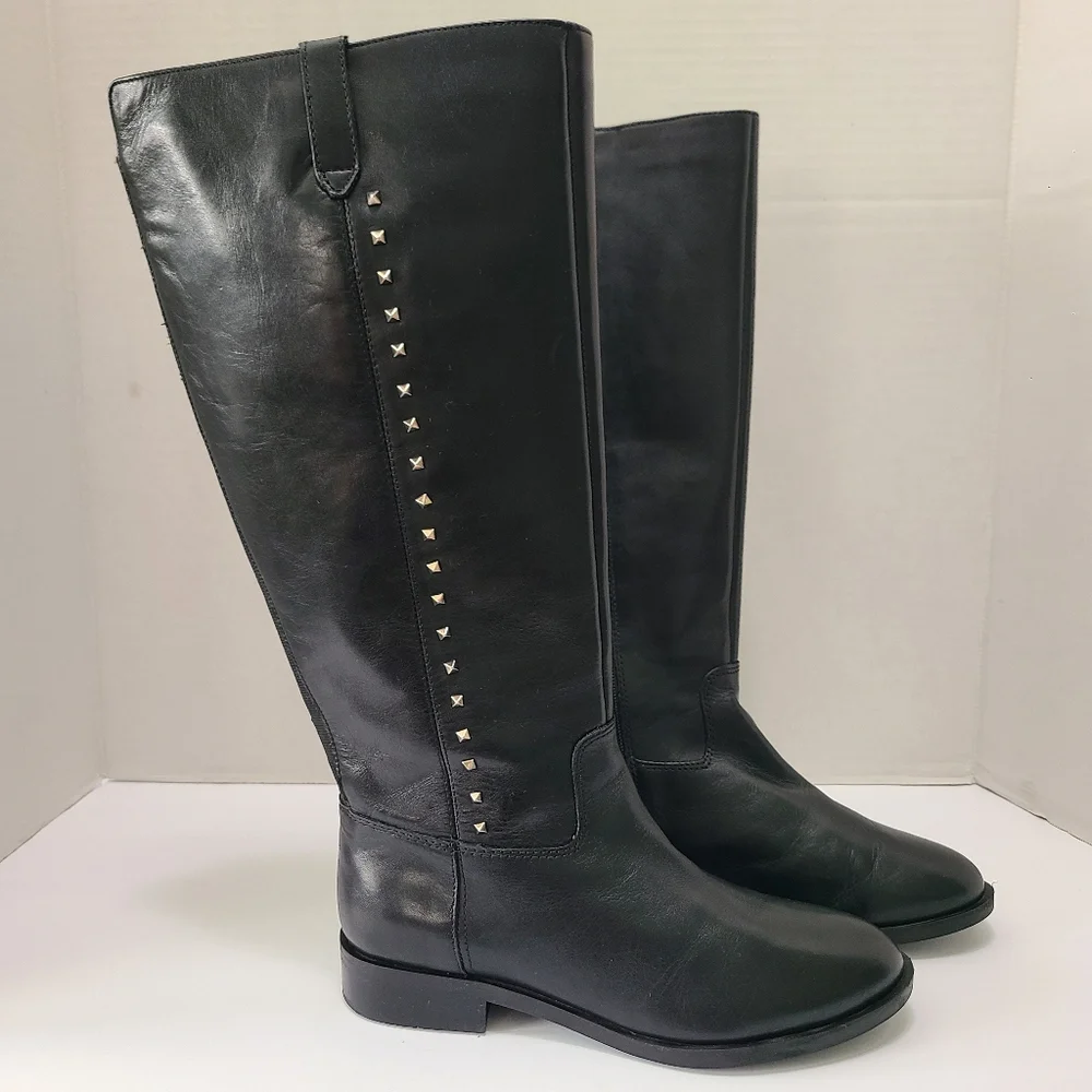 Marc Fisher Secrit Black Studded Leather Knee-High‎ Boots Wide Calf 7.5