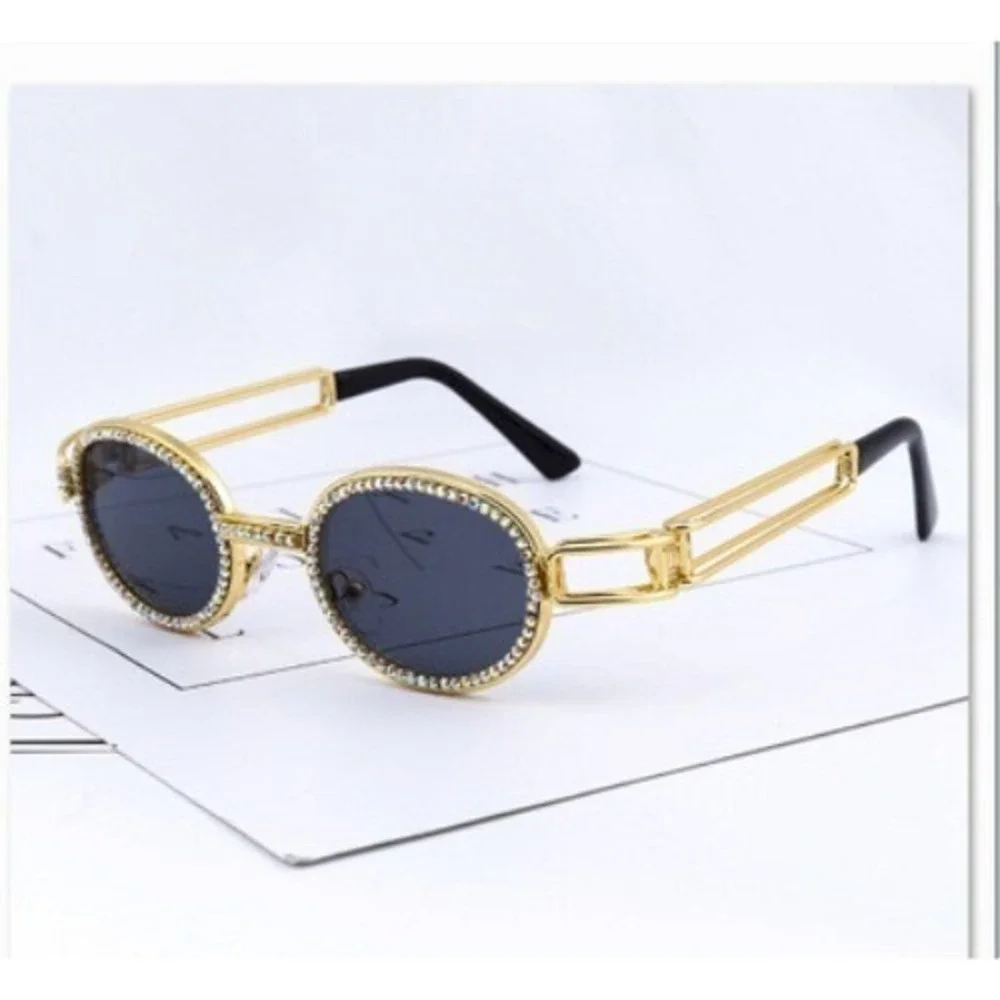 Rhinestone Sunglasses Oval Frame Gold Metal Designer Fashion Men Hip Hop Diamond
